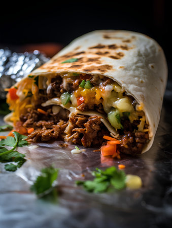 Traditional mexican burrito with beef and vegetables on black backgroundの素材