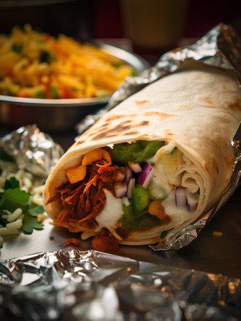Tortilla wrap with chicken and vegetables. Selective focus.の素材
