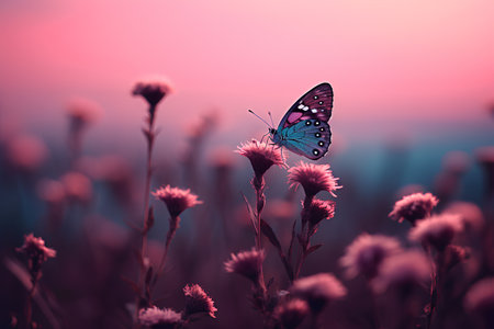 Butterfly on flower meadow at sunset. Nature background.の素材