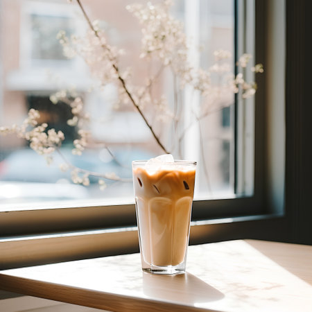 Iced coffee in a glass on the table near the window.の素材