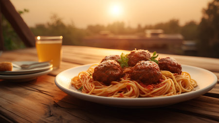 Spaghetti with meatballs and tomato sauce on a wooden table.の素材