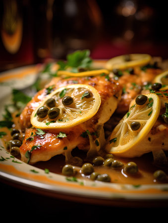 chicken fillet with capers and lemon on a dark backgroundの素材