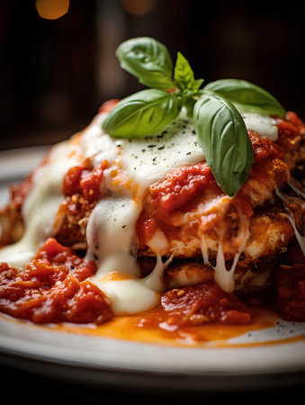 Baked lasagna with tomato sauce and mozzarella cheese, selective focusの素材