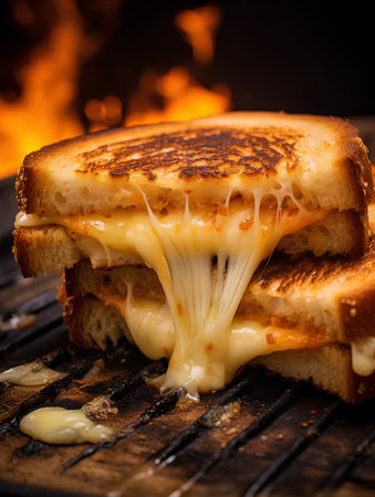Grilled cheese sandwich with melted cheese on wooden board over fire backgroundの素材