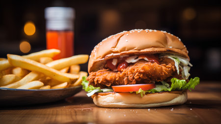 Fast food - hamburger and french fries on a wooden background.の素材