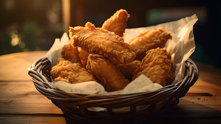 Crispy fried chicken in a basket on a wooden table.の素材