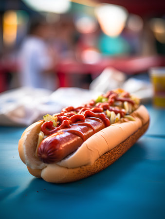 Hot dog with sausage, ketchup and mustard on a blue backgroundの素材