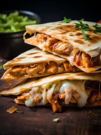 Mexican quesadilla with chicken and cheese on a wooden backgroundの素材