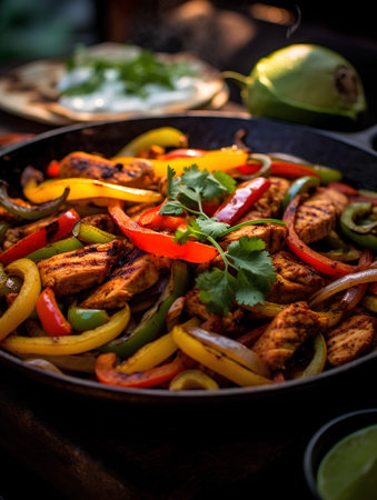 Fried chicken fillet with bell peppers, onion and parsleyの素材