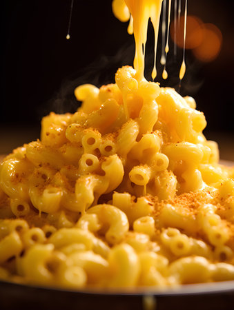 macaroni and cheese on a black background, close-upの素材