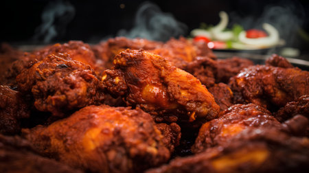 Fried chicken wings in a pan with smoke. Toned.の素材