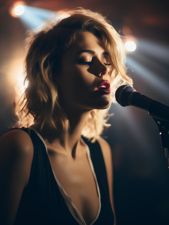 Portrait of beautiful woman singing into microphone on stage with lights.の素材