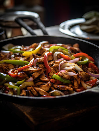 fried chicken with bell pepper and onion in a pan on a wooden tableの素材