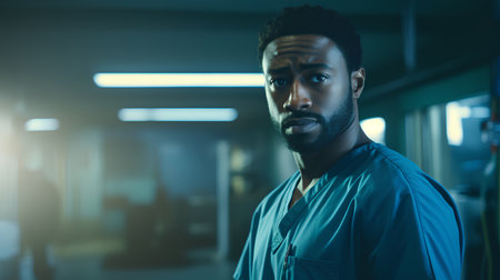 Portrait of african american male surgeon at hospital. Medicine and healthcare concept.の素材