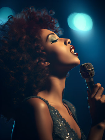 Beautiful african american woman singing with microphone on dark backgroundの素材