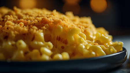 Macaroni and cheese on a black plate. Close-up.の素材