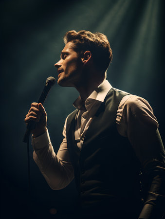Young man singing into a microphone on a dark background with rays of lightの素材