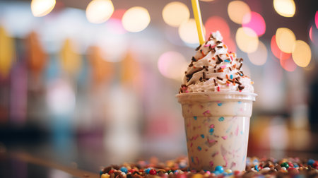 Ice cream with colorful sprinkles on blurred background, selective focus.の素材