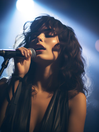Young beautiful woman singing into a microphone. Close-up portrait.の素材