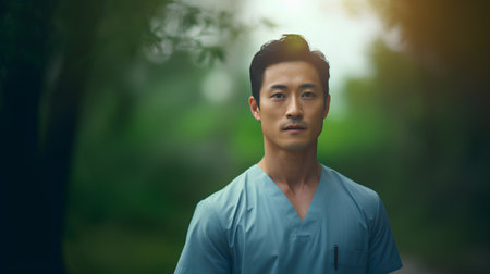 Portrait of a handsome young asian doctor in the forest.の素材