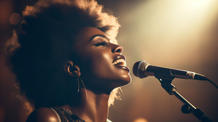 Beautiful african american woman singing in a microphone on stageの素材