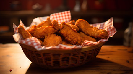 Fried chicken wings in a wicker basket on a wooden tableの素材