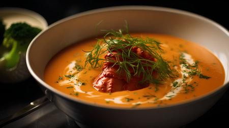 Carrot cream soup with dill in a bowl on a black backgroundの素材