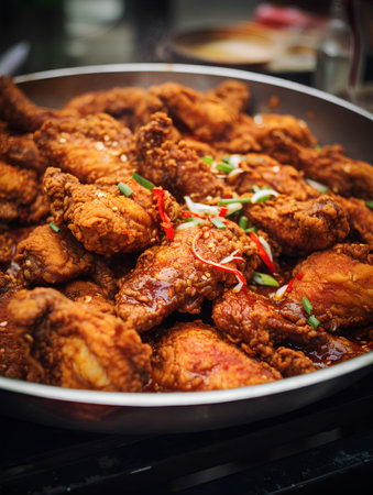 Fried chicken wings in a frying pan, close-up.の素材
