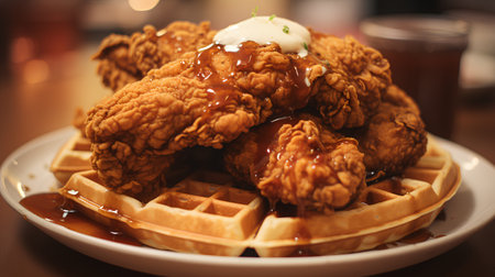 Tasty fried chicken with caramel sauce and waffles on wooden tableの素材