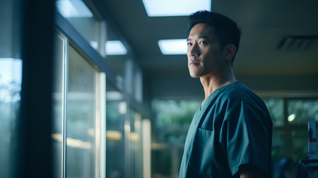 Portrait of Asian male surgeon standing in operating room at hospital.の素材