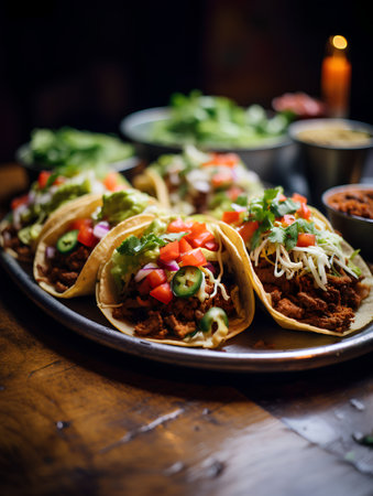 Traditional mexican tacos with beef, cheese and vegetables on wooden tableの素材