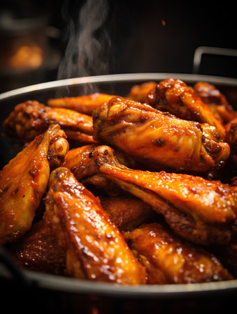 Roasted chicken wings in a frying pan on a black background.の素材