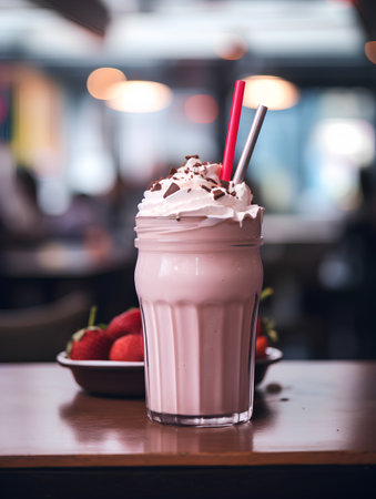 Chocolate milkshake with whipped cream and strawberry on wooden tableの素材