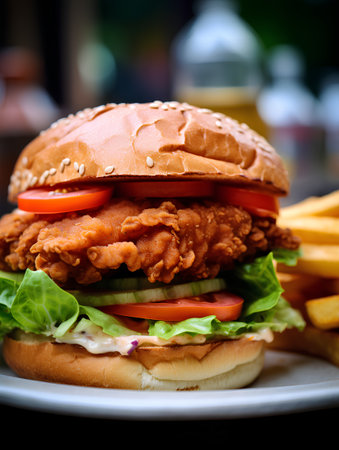 Hamburger with fried chicken and french fries on a dark backgroundの素材