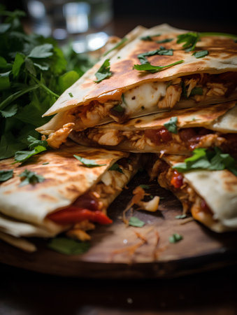 Homemade quesadilla with tomato sauce, onion and parsleyの素材