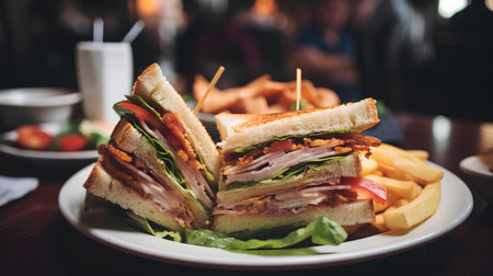 Club sandwich with chicken, cheese and vegetables on a white plate.の素材