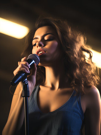 Portrait of beautiful young woman singing into a microphone in a nightclubの素材