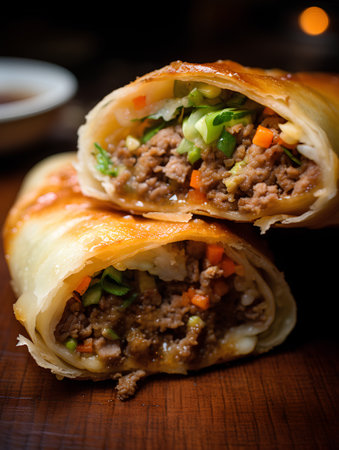 Fried spring rolls with minced meat and vegetables on a wooden backgroundの素材