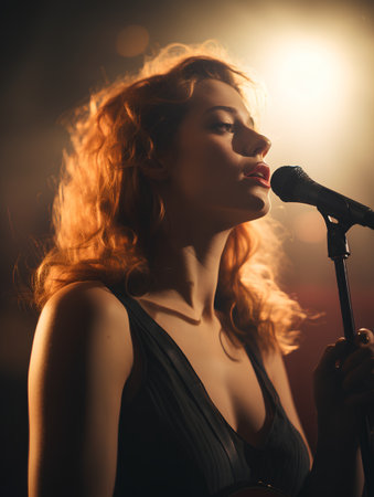 Portrait of a beautiful young woman singing into a microphone in a nightclubの素材