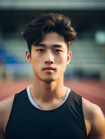 young handsome asian man athlete running at sport stadium track and fieldの素材