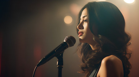 Portrait of a beautiful asian woman singing with microphone on stageの素材