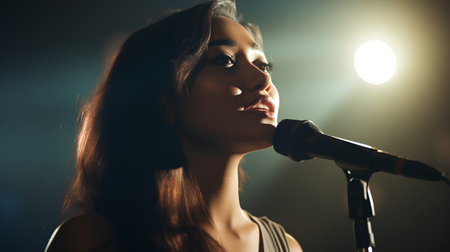 Portrait of beautiful young woman singing into a microphone on stage.の素材