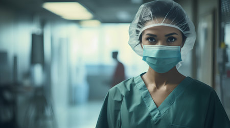 Portrait of a female surgeon standing in the corridor of a hospitalの素材