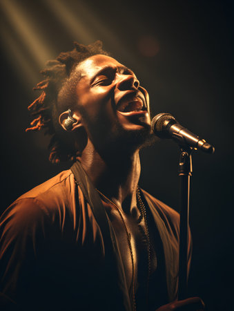 Young african american man singing in microphone on black background.の素材