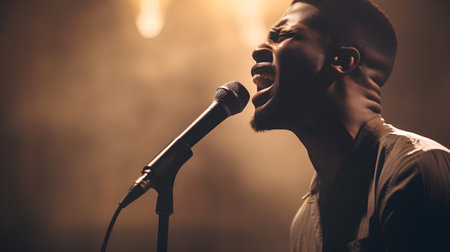 Close-up portrait of a young african-american man singing in a microphone.の素材