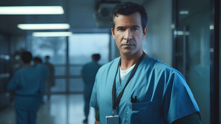 Portrait of serious male doctor with stethoscope in hospital corridorの素材