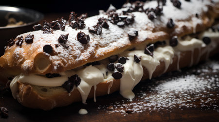 Chocolate eclair with cream and chocolate chips on a wooden backgroundの素材