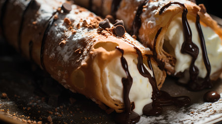 Chocolate eclairs with cream and chocolate sauce on dark backgroundの素材