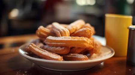 Churros in a plate on the table. Selective focus.の素材
