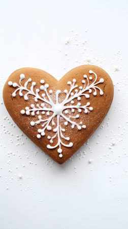 Gingerbread heart with snowflakes on a white background.の素材